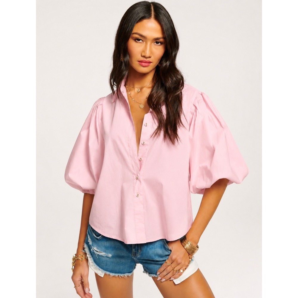 RAMY BROOK Fae Cotton Balloon Sleeve Button Front Blouse Pink S